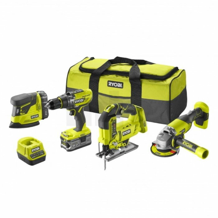 Ryobi Pack de Herramientas ONE+ R18CK4F-252S con Taladro, Amoladora, Sierra de Calar y Lijadora, 2 Baterías y Cargador