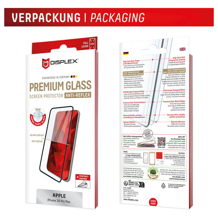Displex Protector de Pantalla de Vidrio Templado Premium 10H con Marco Completo para iPhone 16 Pro Max, Aplicación en Seco, Anti-Huellas, 1 Unidad, 01998