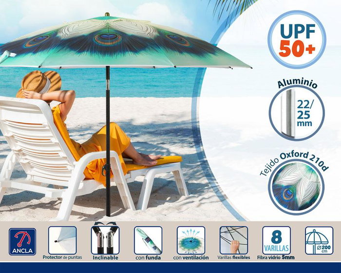 Parasol Pavo Real 200 cm Orient. Aluminio Oxford Upf50+ Verde 210D 22-25 mm