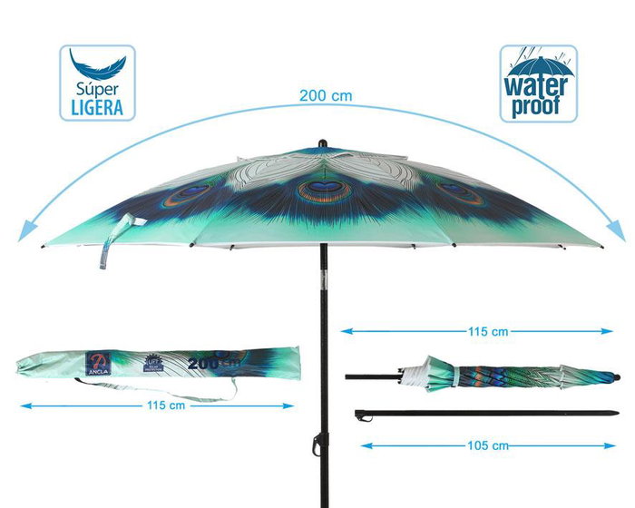 Parasol Pavo Real 200 cm Orient. Aluminio Oxford Upf50+ Verde 210D 22-25 mm