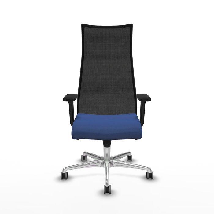 Sillón Albacete con mecanismo Sincro tapizada con Tela color Azul marino y malla color Negro. Equipado con Base aluminio, Brazos 2D y Ruedas 65 mm parqué Sillón Albacete con mecanismo Sincro tapizada con Tela color Azul marino y malla color Negro. Equipado con Base aluminio, Brazos 2D y Ruedas 65 mm parqué