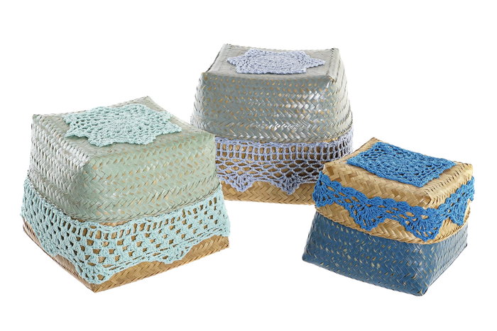 DKD Home Decor Set de 3 Cestas de Bambú y Algodón Azul