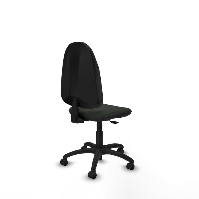 Silla de oficina Algarra con mecanismo Contacto permanente básico tapizada con Tela color Negro. Equipada con Base poliamida negra, Sin brazos y Ruedas autofrenantes