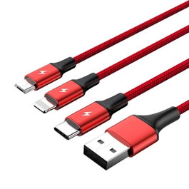 Unitek Cable de Carga 3 en 1 Micro USB/Lightning/USB-C 1.2m Rojo