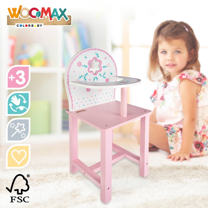 WOOMAX Trona para muñecas de madera blanca y rosa con flores