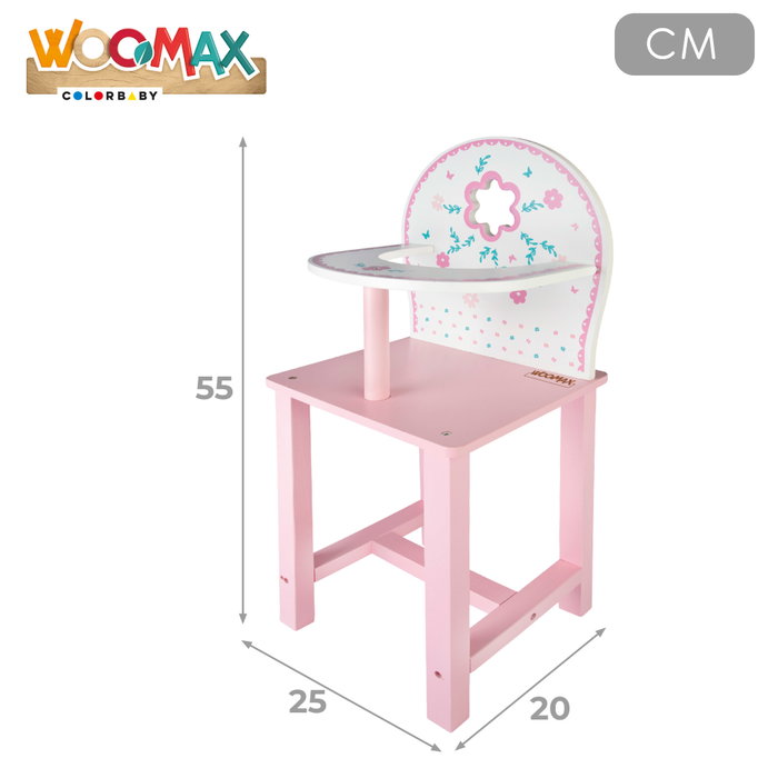 WOOMAX Trona para muñecas de madera blanca y rosa con flores
