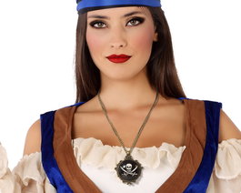 Collar Pirata Negro Calavera Mujer Adulto - Cuentas Plateadas y Placa Dorada para Disfraces