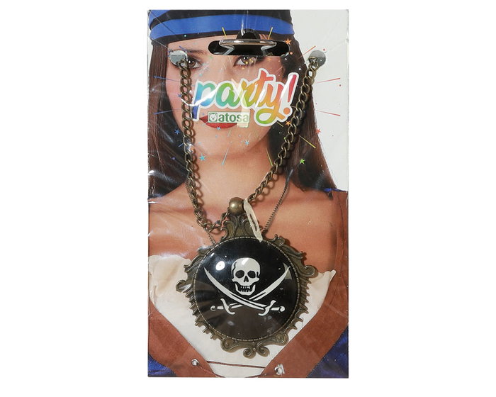 Collar Pirata Negro Calavera Mujer Adulto - Cuentas Plateadas y Placa Dorada para Disfraces