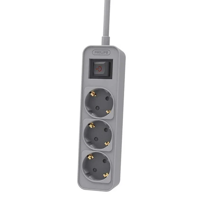 Philips Regleta de 3 Tomas Schuko con Interruptor, Cable 1,5 m, Gris Philips Regleta de 3 Tomas Schuko con Interruptor, Cable 1,5 m, Gris