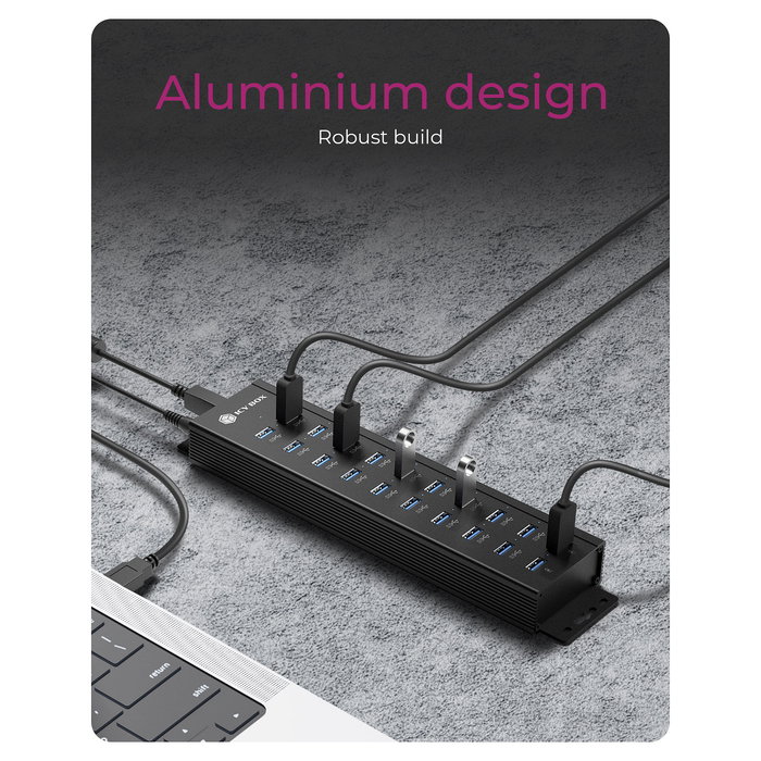 ICY BOX IB-HUB1720-U3 Concentrador USB 18+2 Puertos USB 3.2 Gen 1 Tipo A Aluminio Negro 15W con Adaptador de Corriente