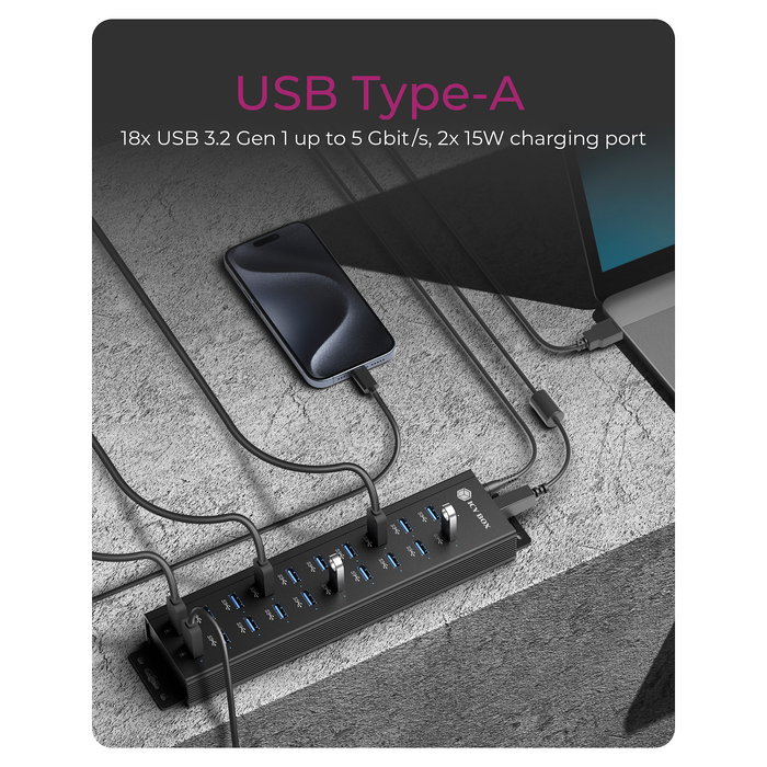 ICY BOX IB-HUB1720-U3 Concentrador USB 18+2 Puertos USB 3.2 Gen 1 Tipo A Aluminio Negro 15W con Adaptador de Corriente
