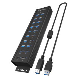 ICY BOX IB-HUB1720-U3 Concentrador USB 18+2 Puertos USB 3.2 Gen 1 Tipo A Aluminio Negro 15W con Adaptador de Corriente
