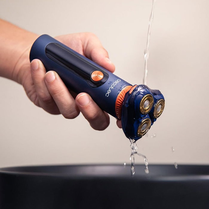 Cecotec Afeitadora eléctrica PrecisionCare Aluminium Pro azul titanio LCD 80min IPX6 base