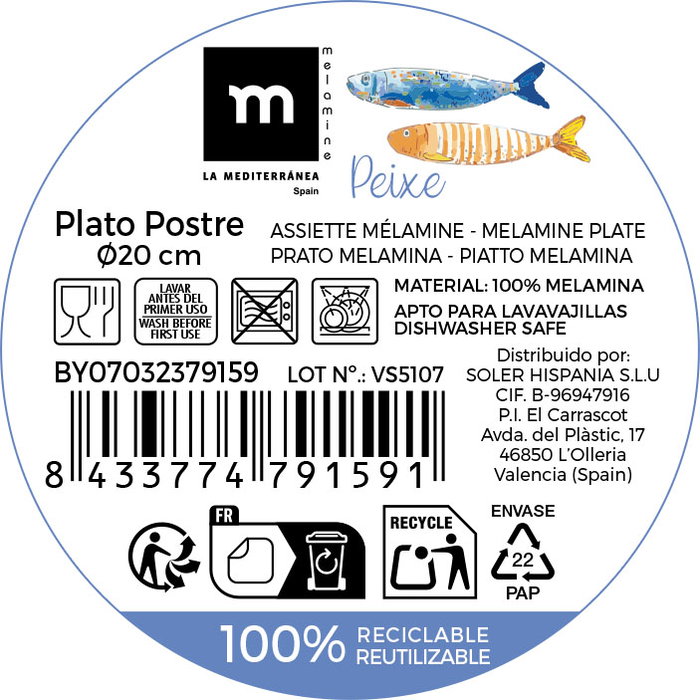 La Mediterrane Plato Postre Mel.Brillo Peixe 20 cm (24 Unidades)