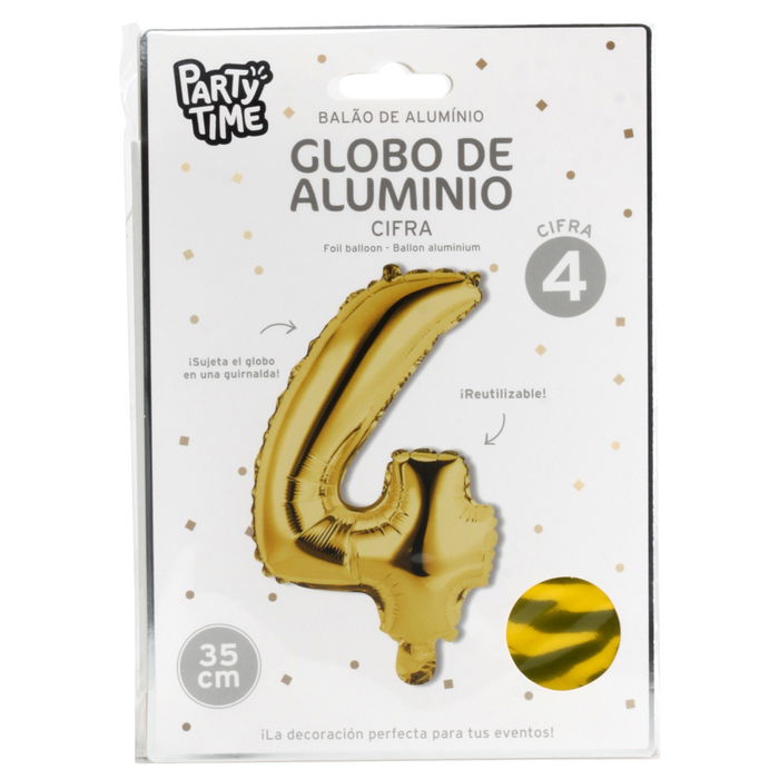 Party Time Globo Cifra 4 Oro Altura 35 cm, Gigante Foil Inflable para Cumpleaños y Aniversarios, Apto para Helio