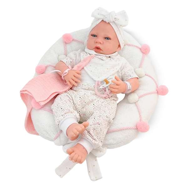Berjuan Muñeca Reborn Traje Blanco Punto Estampado Mecanismo Real Almohada Lactancia Ref: 8301-24 50 cm
