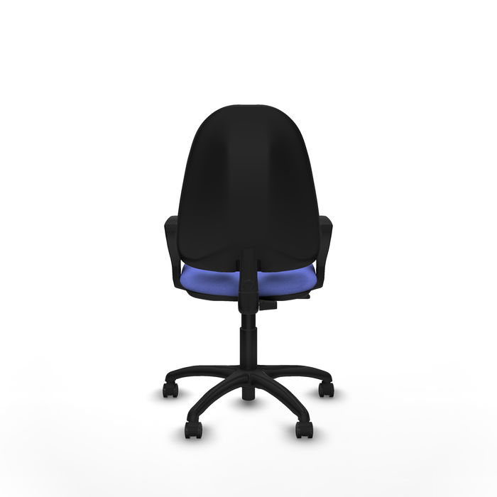 Silla de oficina Algarra con mecanismo Contacto permanente básico tapizada con Tela color Azul claro. Equipada con Base poliamida negra, Brazos fijos y Ruedas de parqué