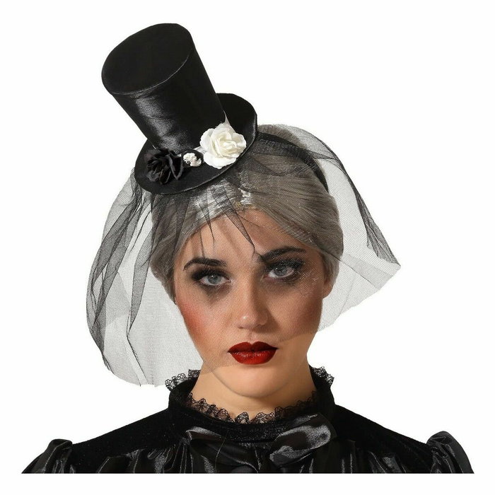 Diadema Sombrero de Chistera con Velo Negro y Flores