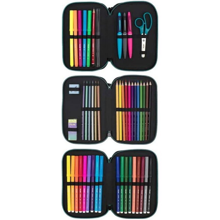 Milan Estuche Escolar 3 Pisos Sunset Negro con Contenido