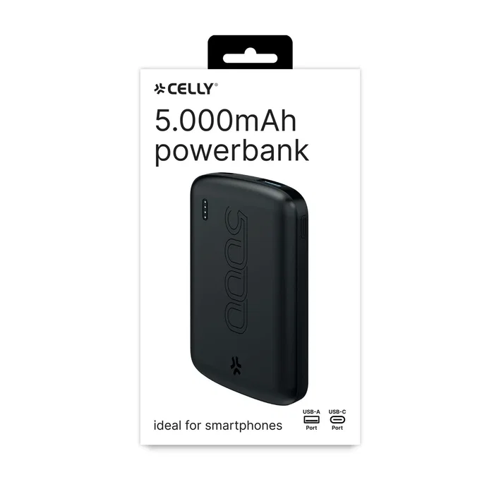 Celly PBE5000EVOBK Batería Externa Power Bank 5000 mAh Litio Negro con USB-C Entrada/Salida, Universal, 1 Dispositivo