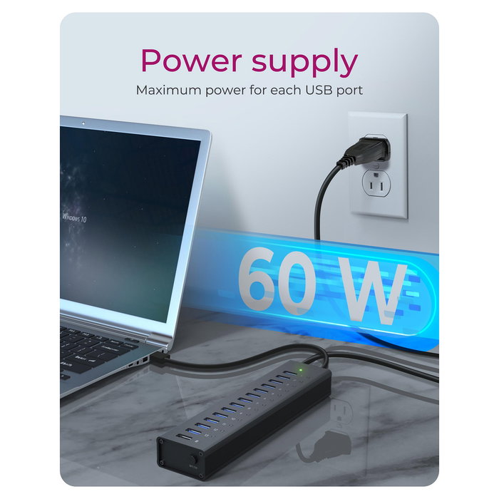 ICY BOX IB-AC6113 Hub USB 3.0 13 Puertos con Fuente de Alimentación y Diseño de Aluminio