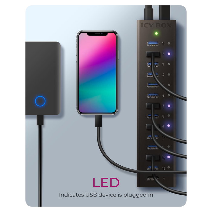 ICY BOX IB-AC6113 Hub USB 3.0 13 Puertos con Fuente de Alimentación y Diseño de Aluminio