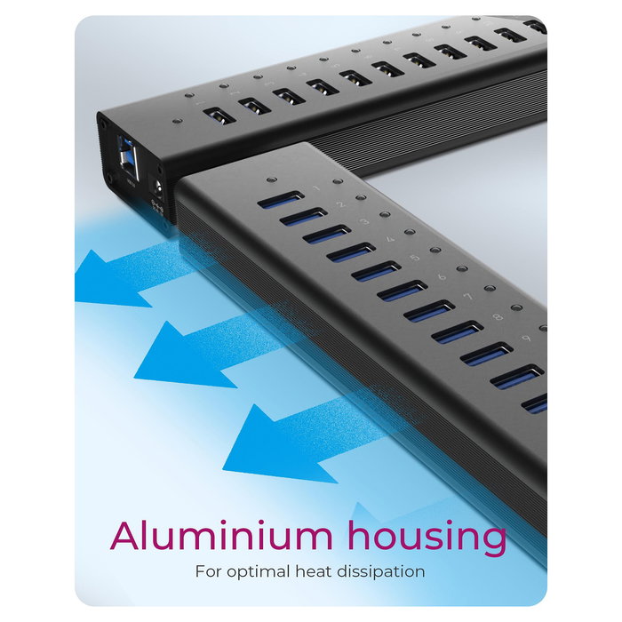 ICY BOX IB-AC6113 Hub USB 3.0 13 Puertos con Fuente de Alimentación y Diseño de Aluminio