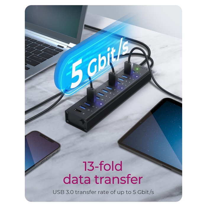 ICY BOX IB-AC6113 Hub USB 3.0 13 Puertos con Fuente de Alimentación y Diseño de Aluminio