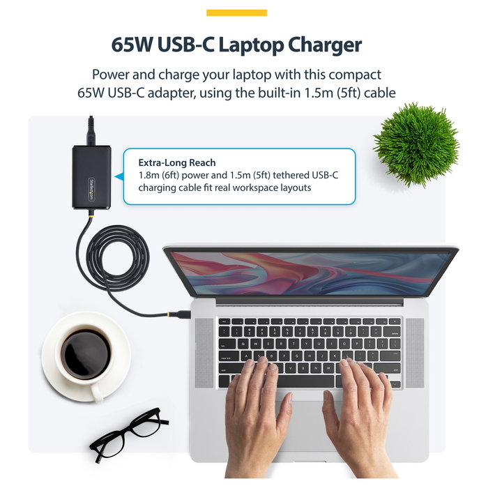 StarTech.com Adaptador de Alimentación USB-C con Cable USB-C de 1.5 m, Conector CA 110-240 V, 65 Vatios, Europa, Negro