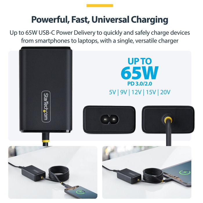 StarTech.com Adaptador de Alimentación USB-C con Cable USB-C de 1.5 m, Conector CA 110-240 V, 65 Vatios, Europa, Negro