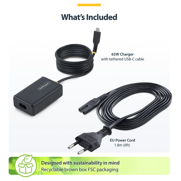 StarTech.com Adaptador de Alimentación USB-C con Cable USB-C de 1.5 m, Conector CA 110-240 V, 65 Vatios, Europa, Negro