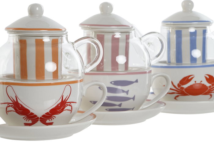DKD Home Decor Tetera Mediterraneo Aiguablava Multicolor Cristal Porcelana Set de 3 Piezas 13.5 x 14 x 16.5 cm