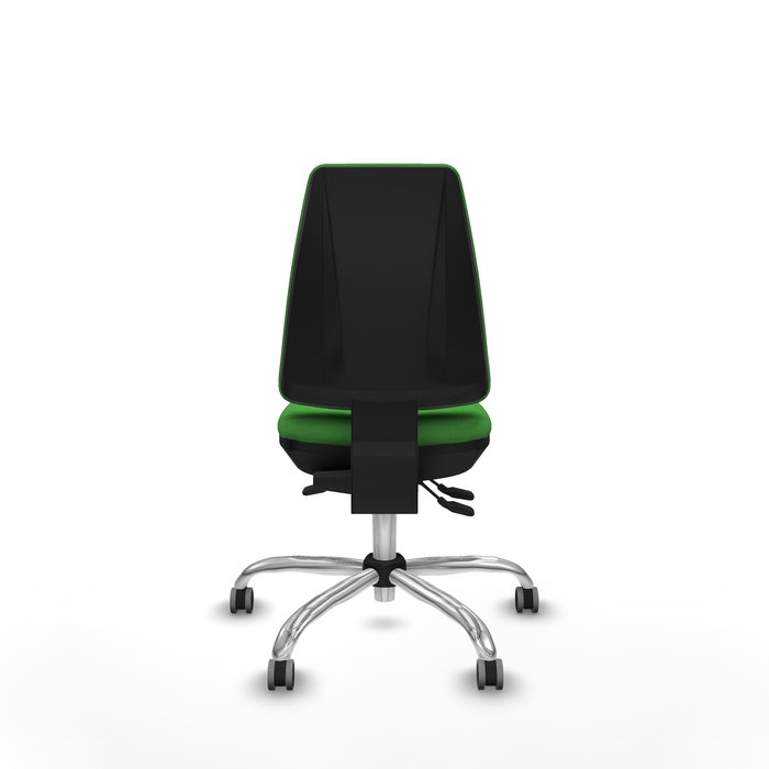 Silla de oficina Elche con mecanismo Asincro tapizada con Tela color Verde. Equipada con Base cromada, Sin brazos y Ruedas 65 mm parqué