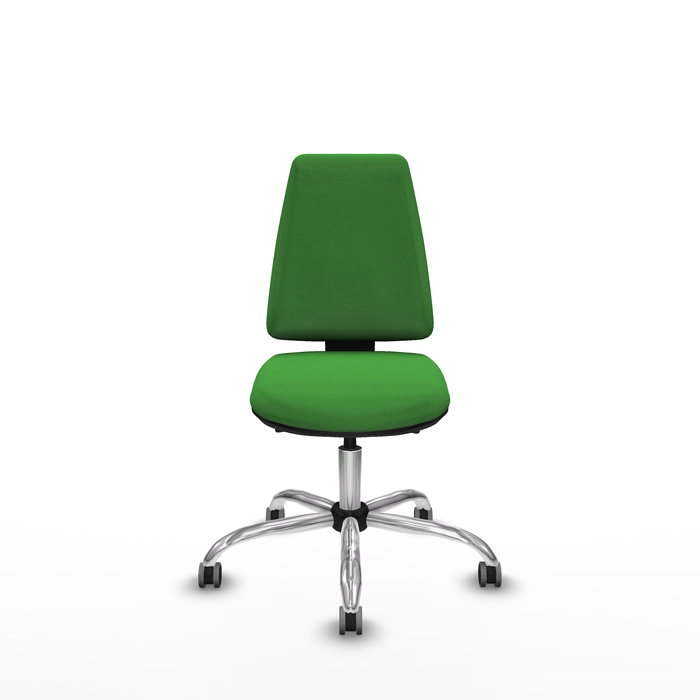 Silla de oficina Elche con mecanismo Asincro tapizada con Tela color Verde. Equipada con Base cromada, Sin brazos y Ruedas 65 mm parqué
