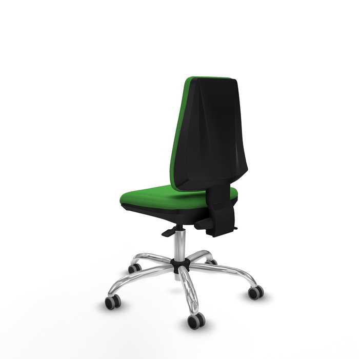 Silla de oficina Elche con mecanismo Asincro tapizada con Tela color Verde. Equipada con Base cromada, Sin brazos y Ruedas 65 mm parqué