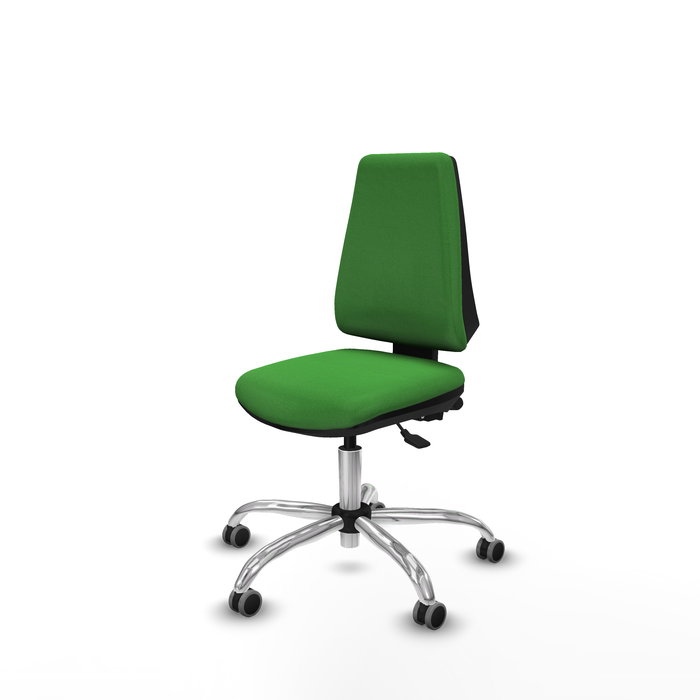 Silla de oficina Elche con mecanismo Asincro tapizada con Tela color Verde. Equipada con Base cromada, Sin brazos y Ruedas 65 mm parqué