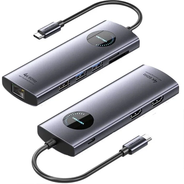 Vention TQVHB Docking Station USB-C 9 en 1: 2xHDMI 4K 60Hz, 3xUSB, RJ45 Gigabit, Lector Tarjetas SD/TF, USB-C PD 100W, Aluminio Gris