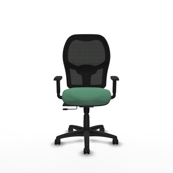 Silla de oficina Alocén con mecanismo Sincro/Traslack tapizada con Tela color Verde esmeralda y malla color Negro. Equipada con lumbar 1D, Brazos 1D y Ruedas de nailon 50 mm