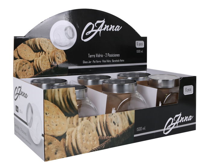 Anna Tarro Vidrio 1500Ml Con 2 Posiciones, Dimensiones 12 Cm Ancho X 16.5 Cm Alto X 16 Cm Largo (12 Unidades)
