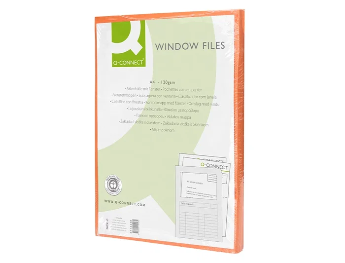Q-connect Subcarpeta de Cartulina DIN A4 Naranja con Ventana Transparente, 120 g/m², Certificado Blue Angel