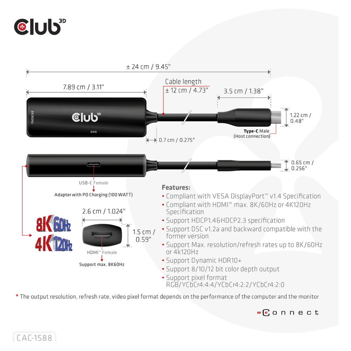 Club 3D CAC-1588 Adaptador USB Tipo C a HDMI 2.1 8K60Hz 4K120Hz HDR10+ Club 3D CAC-1588 Adaptador USB Tipo C a HDMI 2.1 8K60Hz 4K120Hz HDR10+