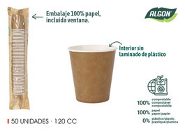 Algon Set 50 Vasos Cartón Kraft 120 cc (6x6x6 cm) (20 Unidades)