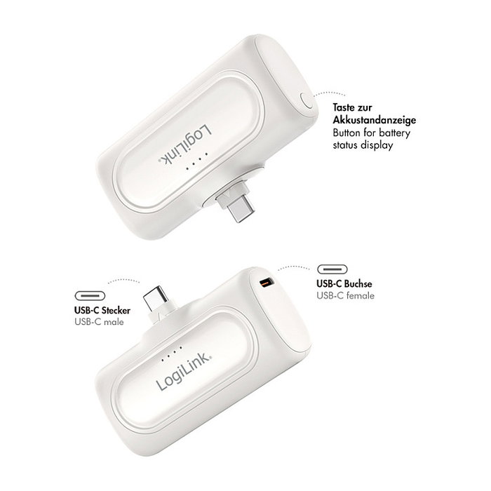 LogiLink Mobile Power Bank 5000 mAh con USB-C integrado, blanco