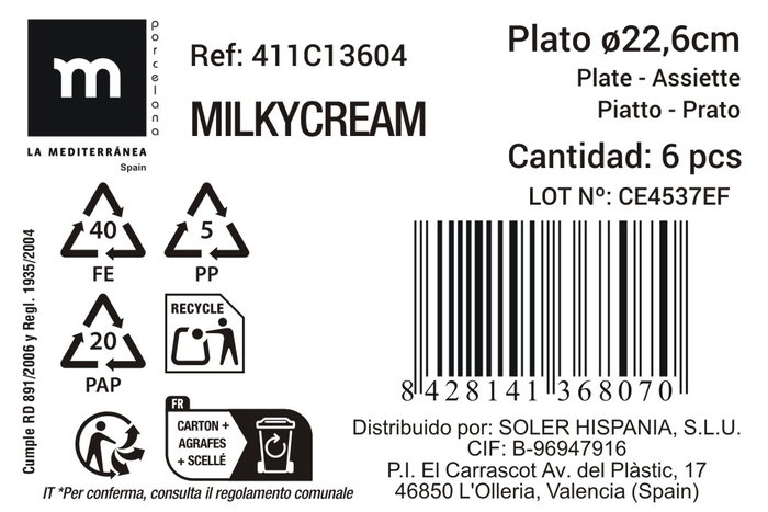 La Mediterranea Plato Hondo Milkycream ø22.6x4.6cm, Pack de 12 unidades