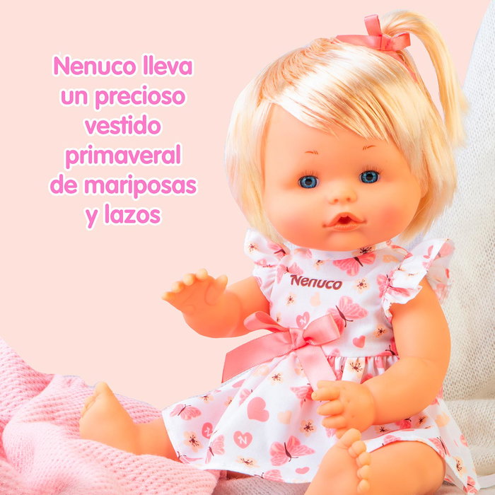 Nenuco Nfnc0000 Muñeca bebé de 35 cm con pelo, cuerpo duro, bebe y hace pipi, vestido primaveral de mariposas y lazo