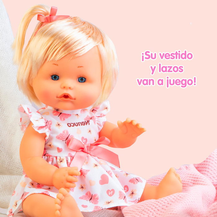 Nenuco Nfnc0000 Muñeca bebé de 35 cm con pelo, cuerpo duro, bebe y hace pipi, vestido primaveral de mariposas y lazo