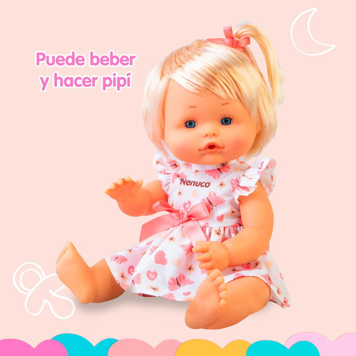 Nenuco Nfnc0000 Muñeca bebé de 35 cm con pelo, cuerpo duro, bebe y hace pipi, vestido primaveral de mariposas y lazo