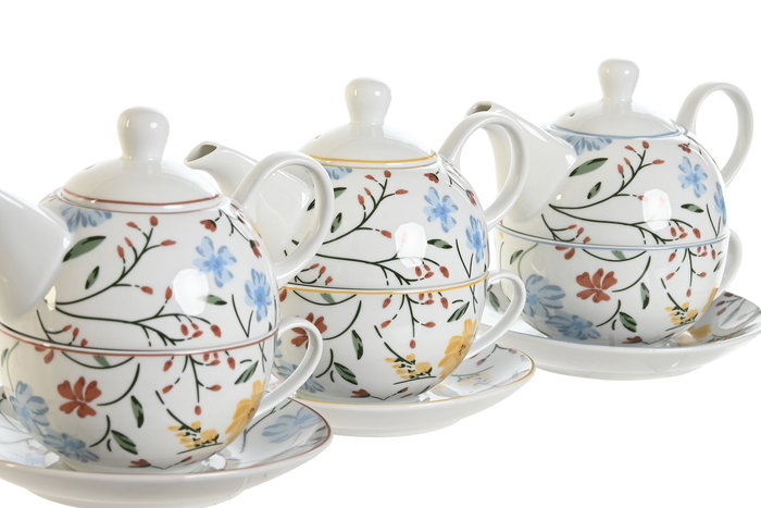 DKD Home Decor Tetera Shabby Azul Blanco Porcelana 250ml Apto Microondas Lavavajillas 13.5 x 14 x 16.5 cm (3 Unidades)