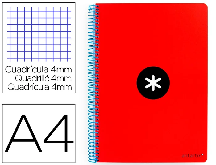 Antartik Cuaderno espiral A4 tapa dura 80 hojas 90gr cuadro 4mm con margen color rojo Antartik Cuaderno espiral A4 tapa dura 80 hojas 90gr cuadro 4mm con margen color rojo