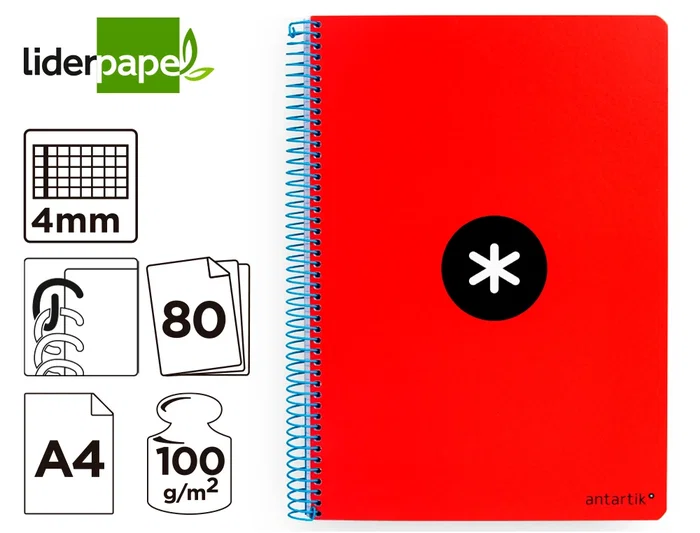 Antartik Cuaderno espiral A4 tapa dura 80 hojas 90gr cuadro 4mm con margen color rojo Antartik Cuaderno espiral A4 tapa dura 80 hojas 90gr cuadro 4mm con margen color rojo